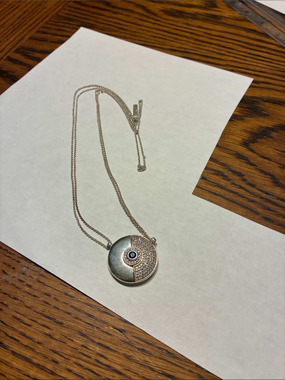 Round Silver Pendant Necklace with Blue Center Accent
